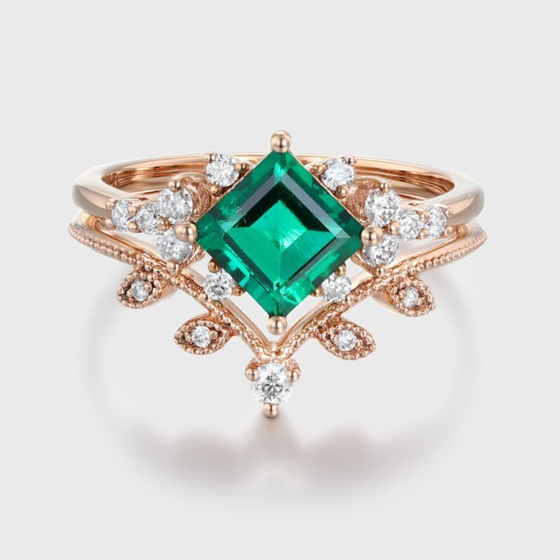 14K Solid Gold Leaf Branch Wedding Ring 1 Carat Princess Cut Lab-Grown Emerald Engagement Ring Set