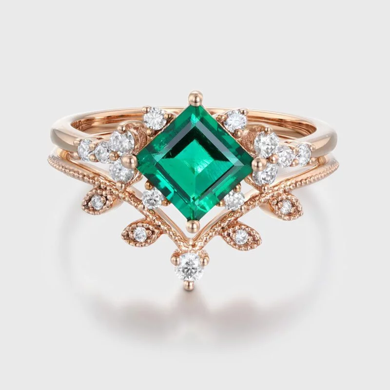 14K Solid Gold Leaf Branch Wedding Ring 1 Carat Princess Cut Lab-Grown Emerald Engagement Ring Set