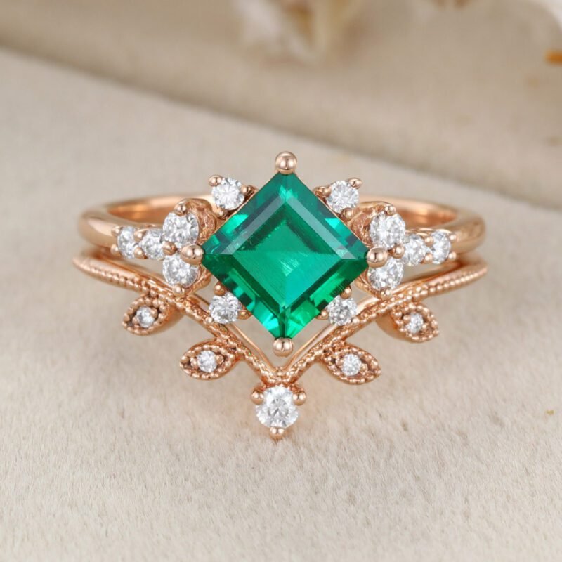 14K Solid Gold Leaf Branch Wedding Ring 1 Carat Princess Cut Lab-Grown Emerald Engagement Ring Set