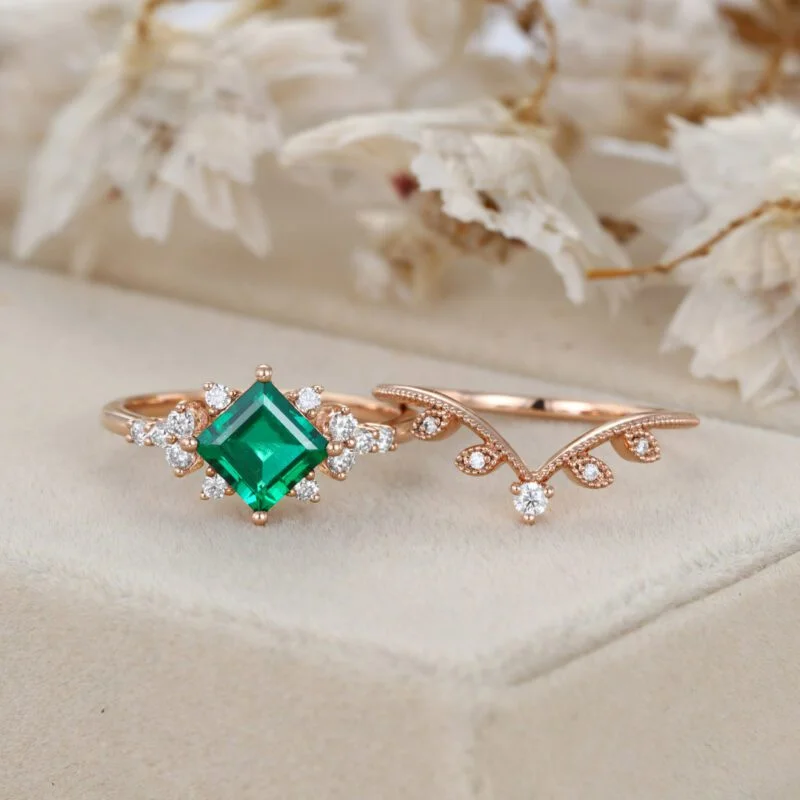 14K Solid Gold Leaf Branch Wedding Ring 1 Carat Princess Cut Lab-Grown Emerald Engagement Ring Set