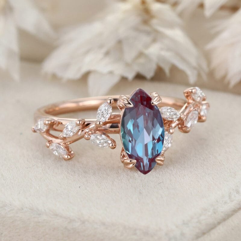 Nature Inspired Marquise Cut Lab Alexandrite Engagement Ring With Elegant Branch Design and Marquise Diamond Engagement Rings