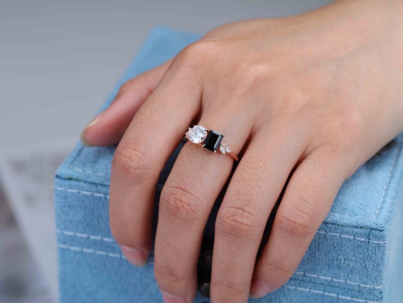 14K Solid Gold Two Stone Emerald Cut Black Onyx & Round Cut Moissanite Engagement Ring Gift Her