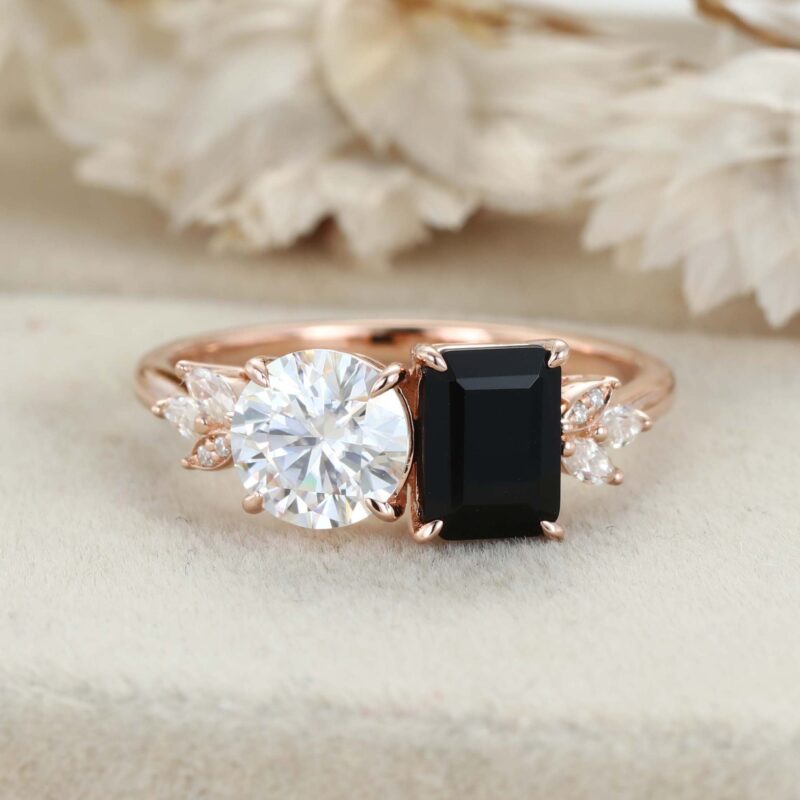 14K Solid Gold Two Stone Emerald Cut Black Onyx & Round Cut Moissanite Engagement Ring Gift Her