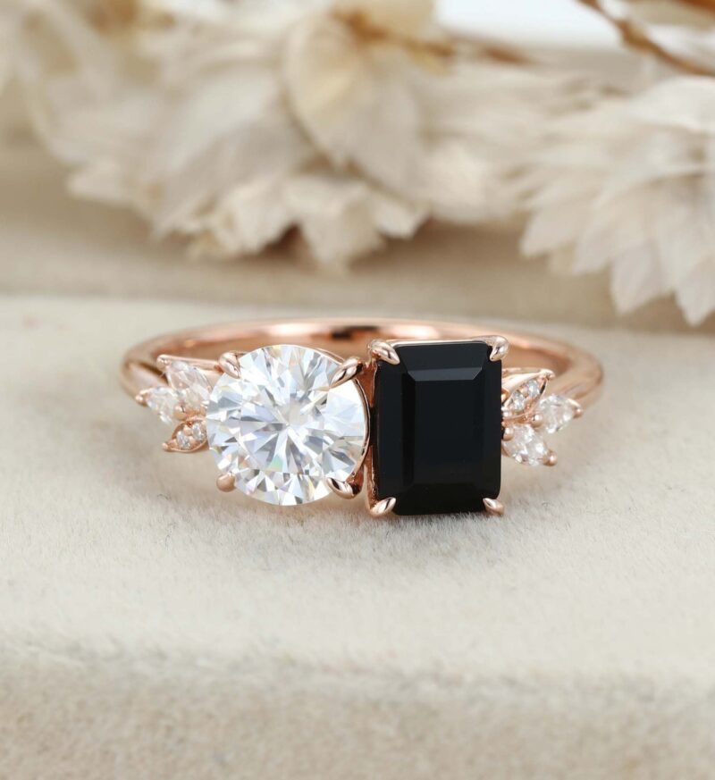 14K Solid Gold Two Stone Emerald Cut Black Onyx & Round Cut Moissanite Engagement Ring Gift Her