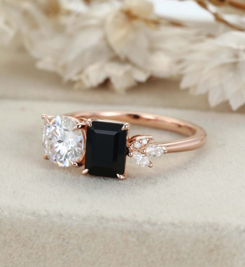 14K Solid Gold Two Stone Emerald Cut Black Onyx & Round Cut Moissanite Engagement Ring Gift Her