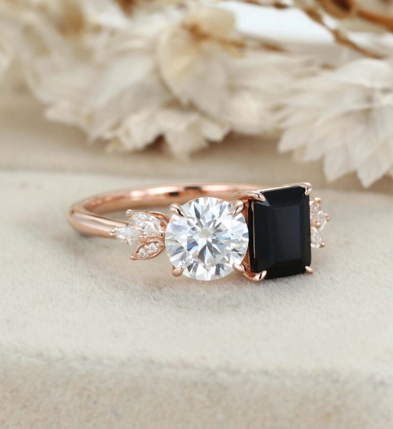 14K Solid Gold Two Stone Emerald Cut Black Onyx & Round Cut Moissanite Engagement Ring Gift Her