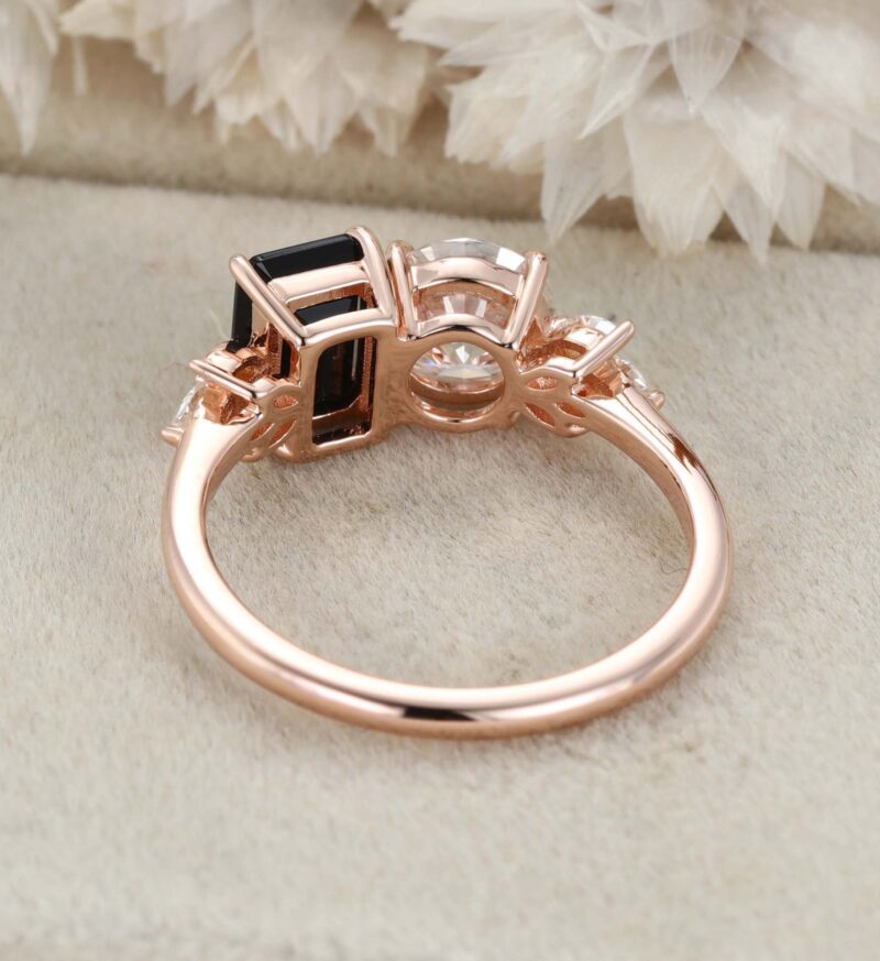 14K Solid Gold Two Stone Emerald Cut Black Onyx & Round Cut Moissanite Engagement Ring Gift Her