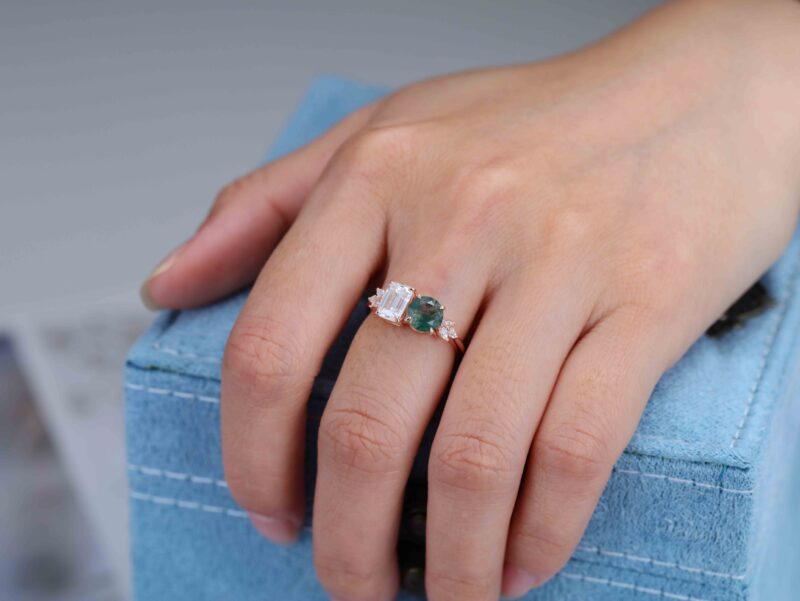 14K Solid Gold Two Stone Emerald Cut Moissanite & Round Cut Moss Agate Engagement Ring Gift Her