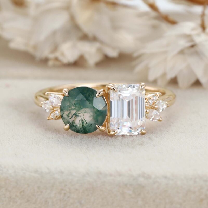 14K Solid Gold Two Stone Emerald Cut Moissanite & Round Cut Moss Agate Engagement Ring Gift Her