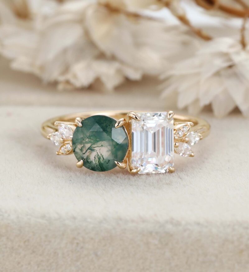 14K Solid Gold Two Stone Emerald Cut Moissanite & Round Cut Moss Agate Engagement Ring Gift Her