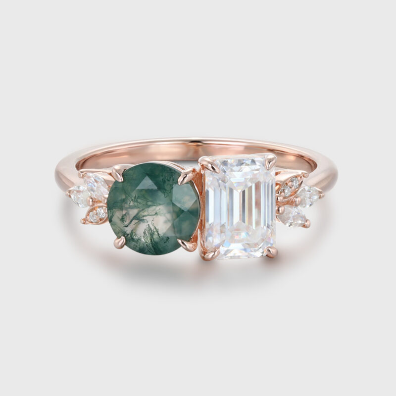 14K Solid Gold Two Stone Emerald Cut Moissanite & Round Cut Moss Agate Engagement Ring Gift Her