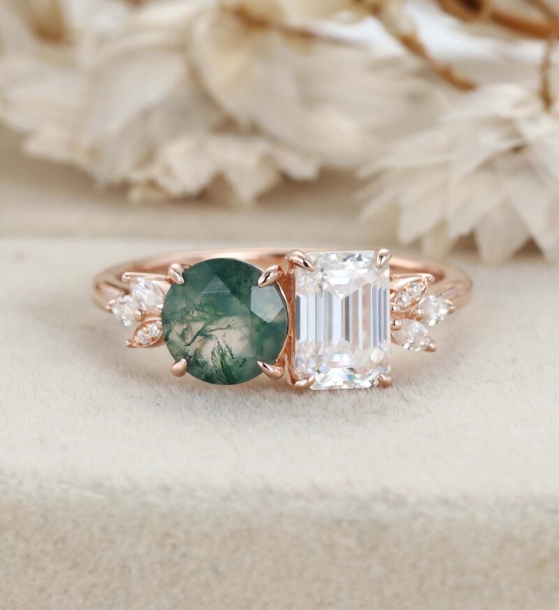 14K Solid Gold Two Stone Emerald Cut Moissanite & Round Cut Moss Agate Engagement Ring Gift Her