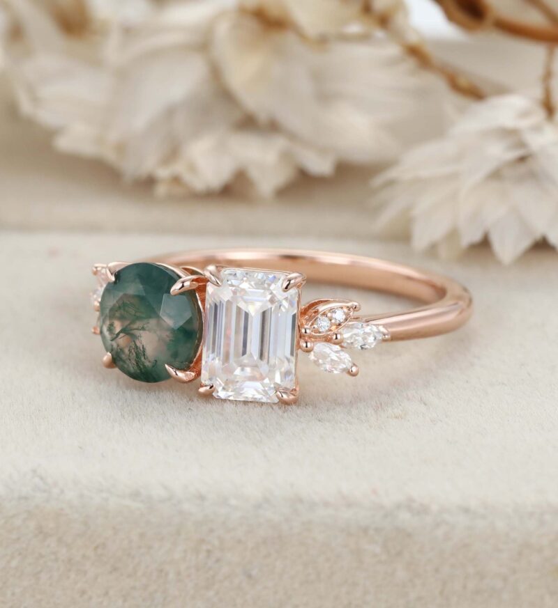 14K Solid Gold Two Stone Emerald Cut Moissanite & Round Cut Moss Agate Engagement Ring Gift Her