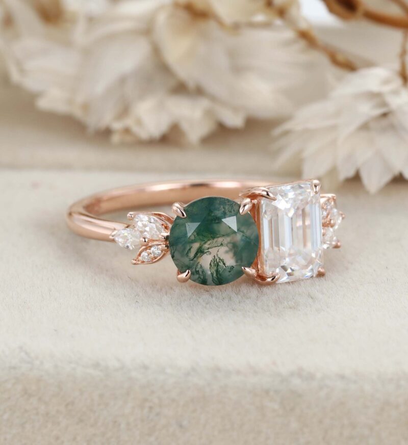 14K Solid Gold Two Stone Emerald Cut Moissanite & Round Cut Moss Agate Engagement Ring Gift Her