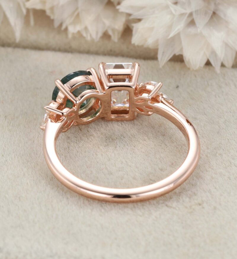 14K Solid Gold Two Stone Emerald Cut Moissanite & Round Cut Moss Agate Engagement Ring Gift Her