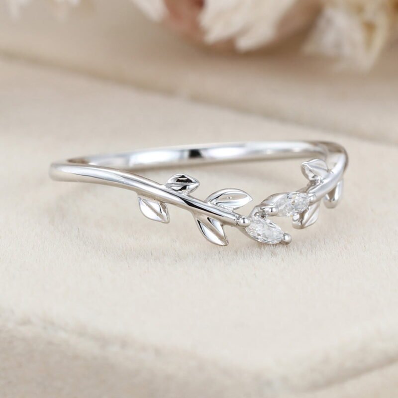 14K White gold wedding band Unique diamond wedding band Curved Marquise moissanite wedding ring leaf ring Bridal promise Anniversary gift ring