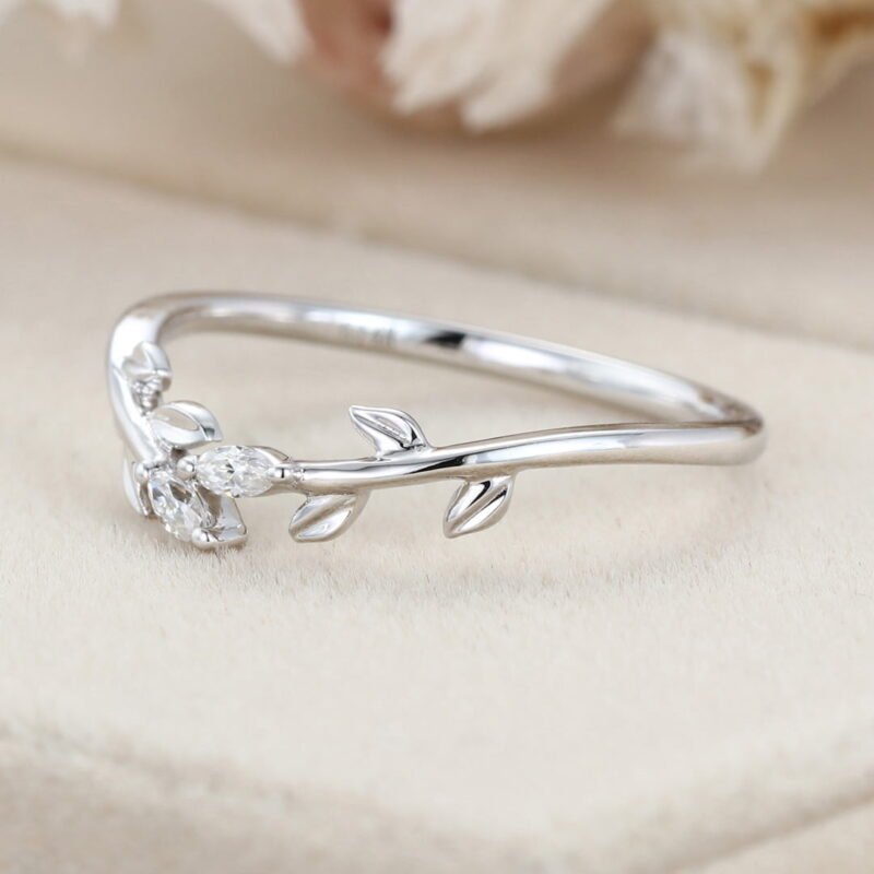 14K White gold wedding band Unique diamond wedding band Curved Marquise moissanite wedding ring leaf ring Bridal promise Anniversary gift ring