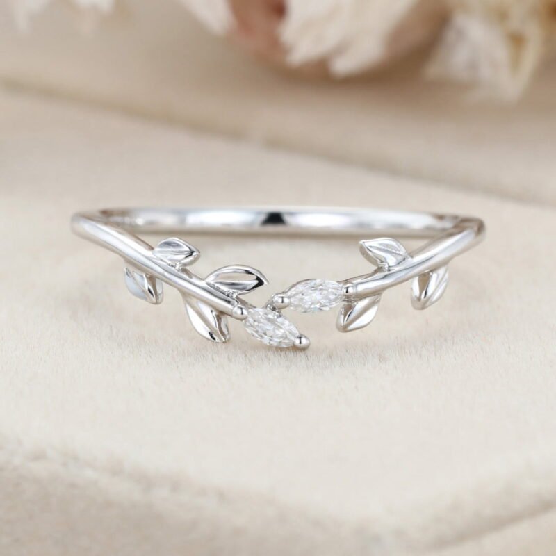 14K White gold wedding band Unique diamond wedding band Curved Marquise moissanite wedding ring leaf ring Bridal promise Anniversary gift ring