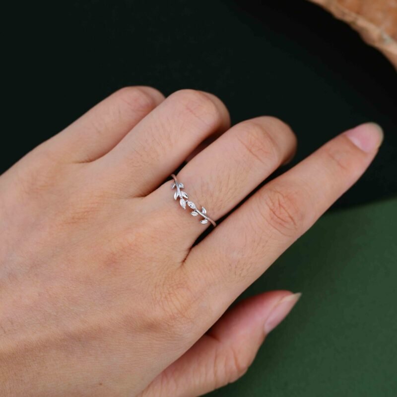 14K White gold wedding band Unique diamond wedding band Curved Marquise moissanite wedding ring leaf ring Bridal promise Anniversary gift ring
