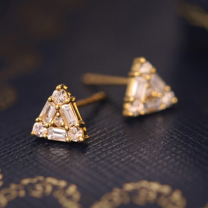 14K Yellow Gold Diamond Earrings Triangle Diamond Earrings Triangle Earrings Diamond Stud Earrings Real Natural Diamond Earrings