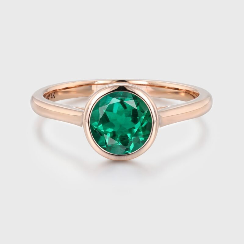 14k Rose Gold Emerald Ring Emerald Engagement Ring Round Cut Engagement Ring Emerald Solitaire Ring Green Emerald Bezel Ring