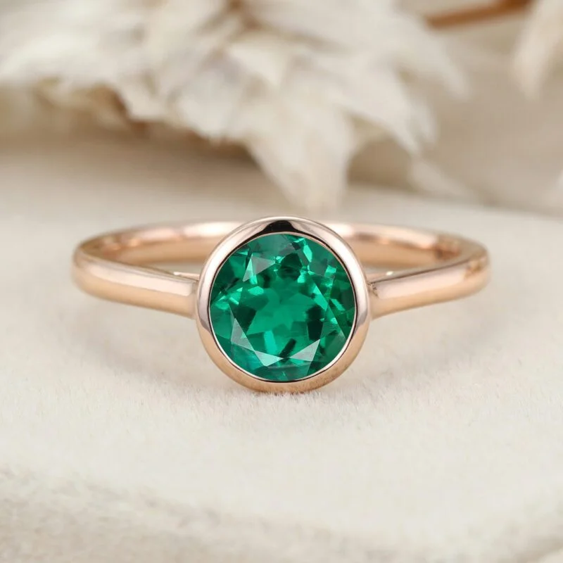 14k Rose Gold Emerald Ring Emerald Engagement Ring Round Cut Engagement Ring Emerald Solitaire Ring Green Emerald Bezel Ring