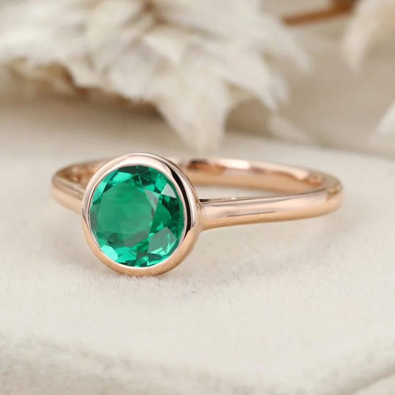 14k Rose Gold Emerald Ring Emerald Engagement Ring Round Cut Engagement Ring Emerald Solitaire Ring Green Emerald Bezel Ring