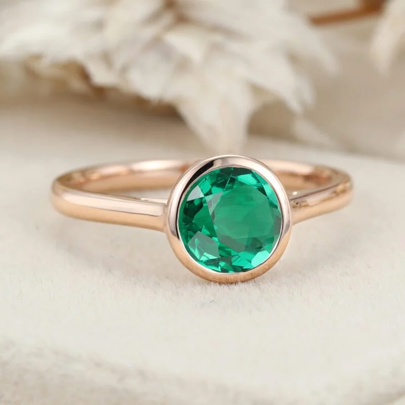 14k Rose Gold Emerald Ring Emerald Engagement Ring Round Cut Engagement Ring Emerald Solitaire Ring Green Emerald Bezel Ring