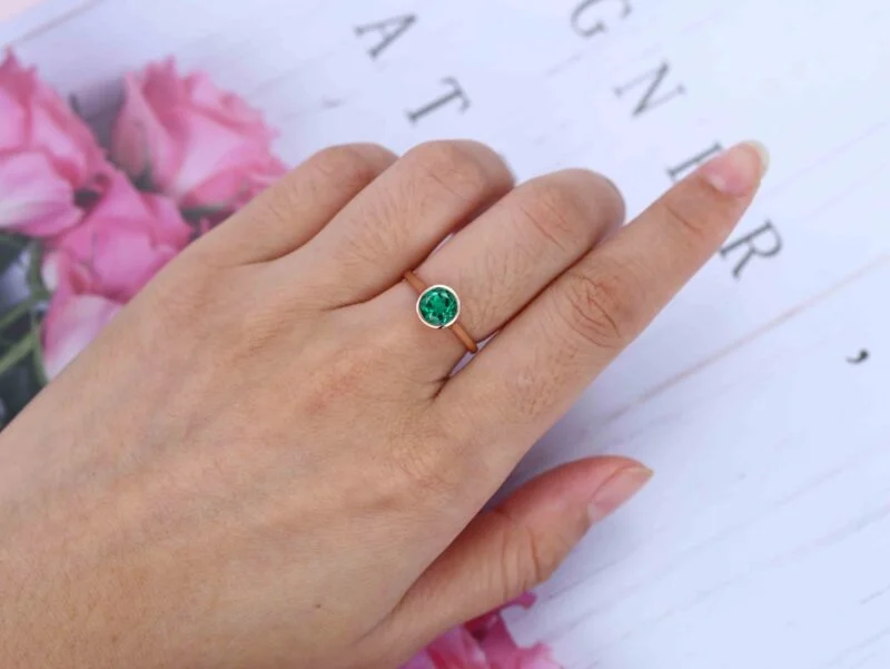 14k Rose Gold Emerald Ring Emerald Engagement Ring Round Cut Engagement Ring Emerald Solitaire Ring Green Emerald Bezel Ring