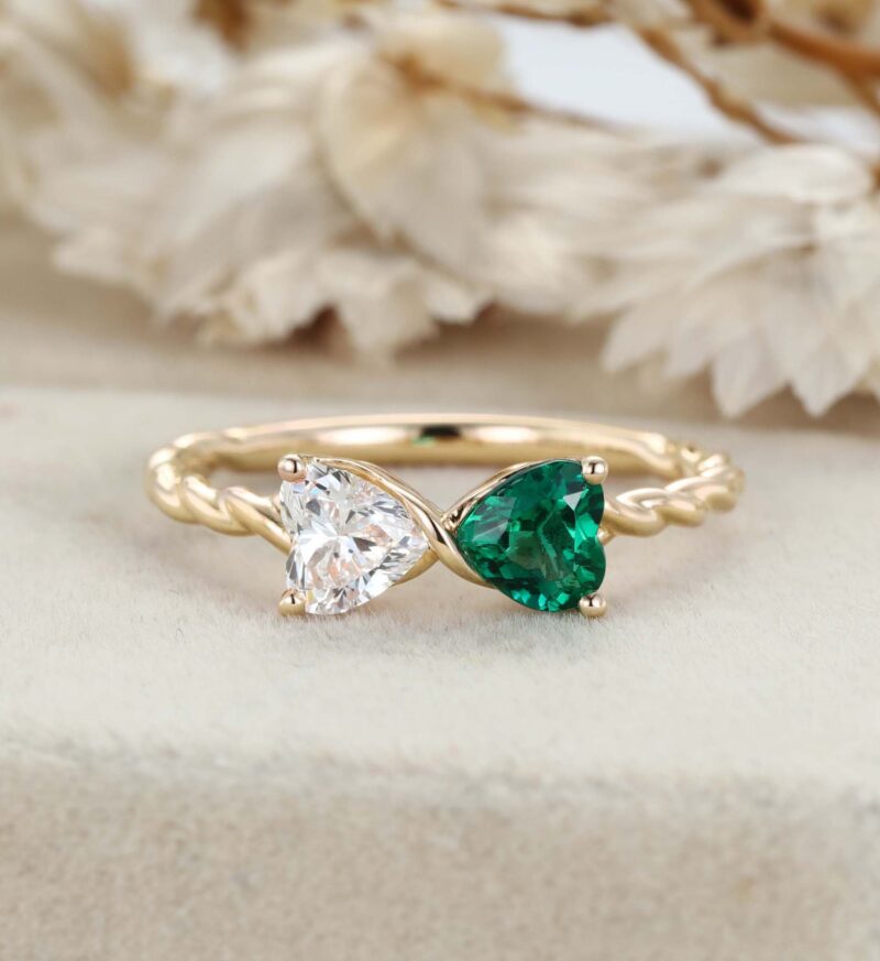 14k Rose Gold Heart Cut Emerald & Moissanite Engagement Ring Two Stone Promise Ring