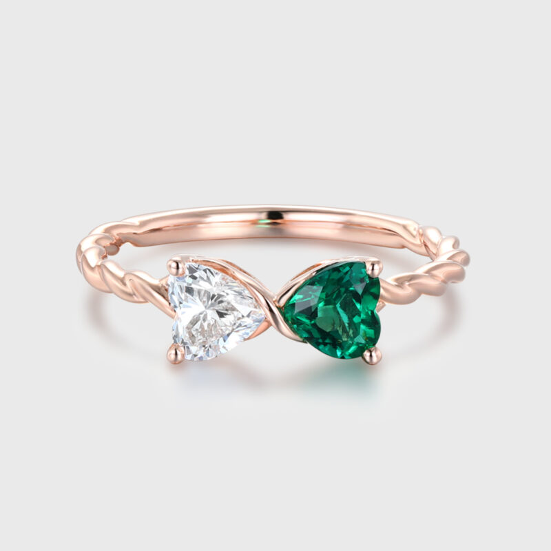 14k Rose Gold Heart Cut Emerald & Moissanite Engagement Ring Two Stone Promise Ring