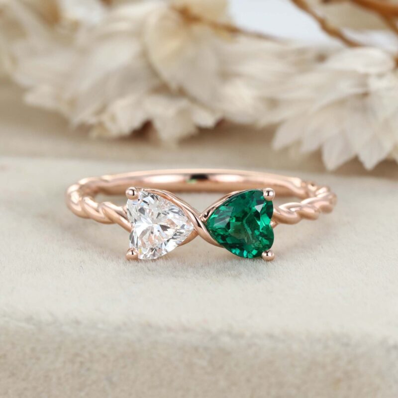 14k Rose Gold Heart Cut Emerald & Moissanite Engagement Ring Two Stone Promise Ring