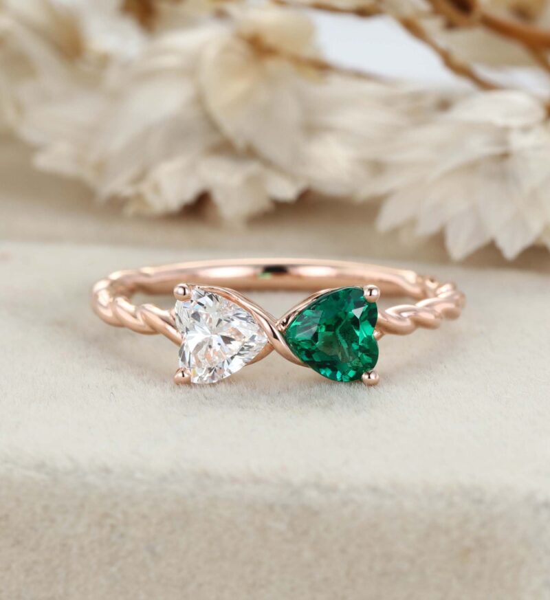 14k Rose Gold Heart Cut Emerald & Moissanite Engagement Ring Two Stone Promise Ring