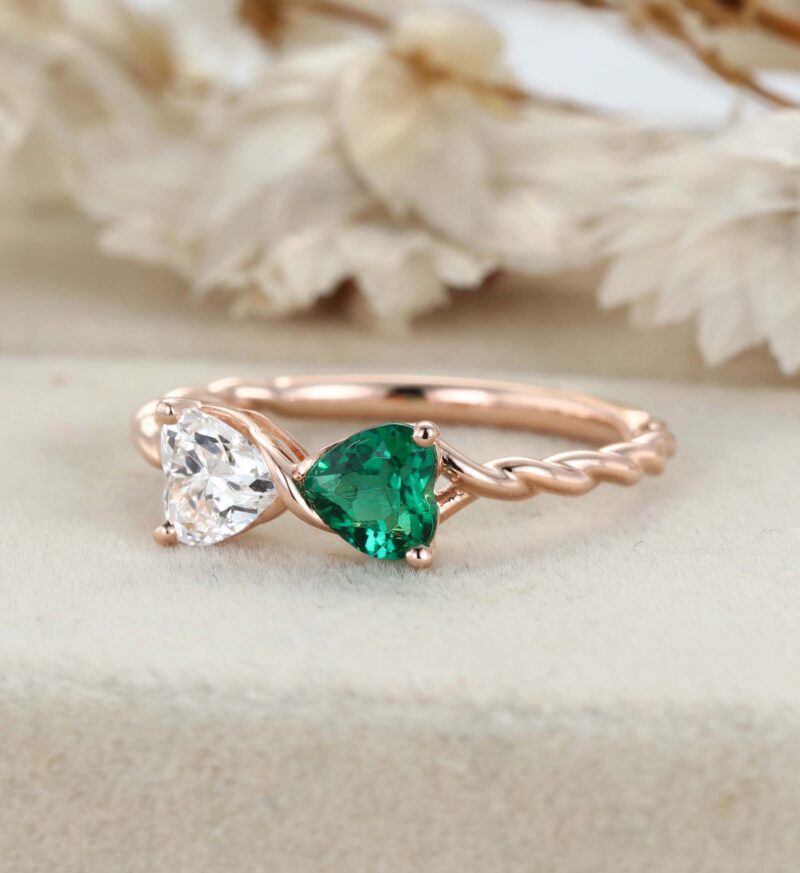 14k Rose Gold Heart Cut Emerald & Moissanite Engagement Ring Two Stone Promise Ring