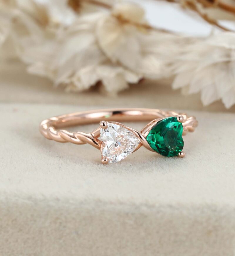 14k Rose Gold Heart Cut Emerald & Moissanite Engagement Ring Two Stone Promise Ring