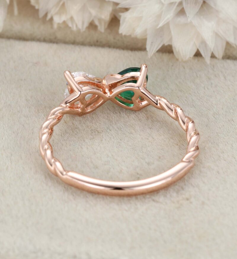 14k Rose Gold Heart Cut Emerald & Moissanite Engagement Ring Two Stone Promise Ring