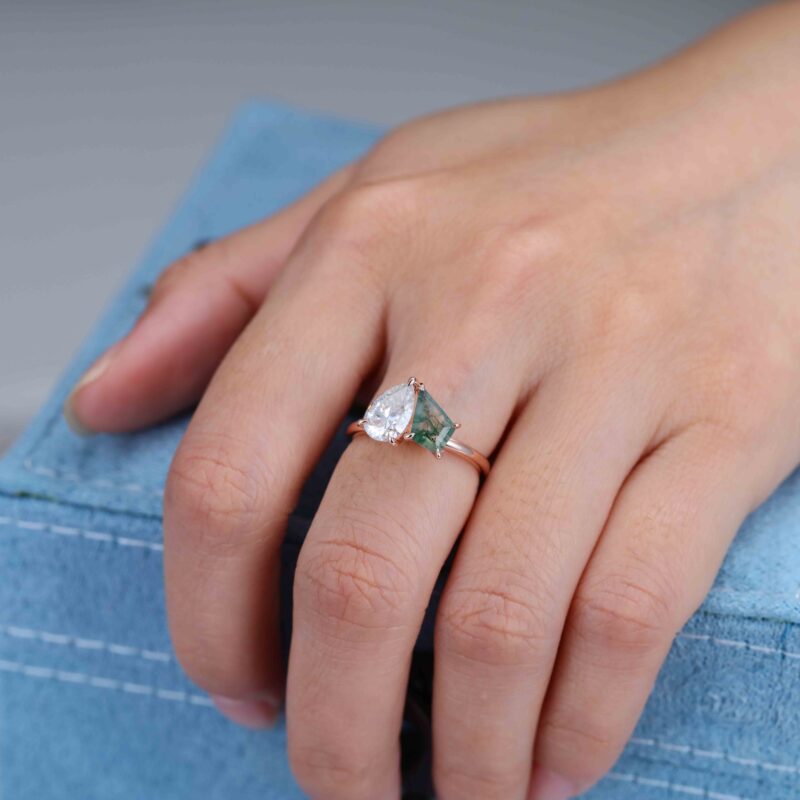 14k Solid Gold Toi Et Moi Engagement Ring Pear Cut Moissanite & Kite Cut Moss Agate Two Stone Ring Anniversary Ring For Wife