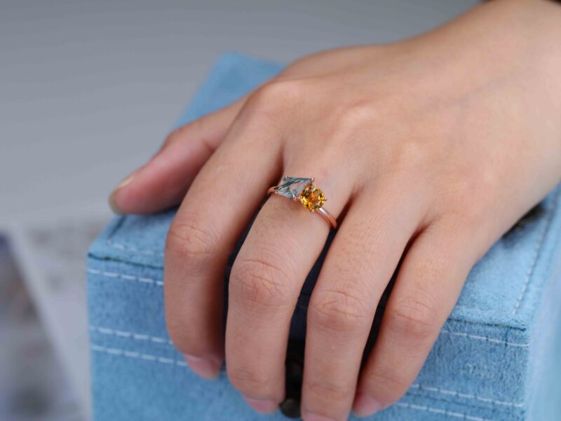 14k Solid Gold Toi Et Moi Engagement Ring Round Cut Citrine & Kite Cut Moss Agate Two Stone Ring Anniversary Ring For Wife