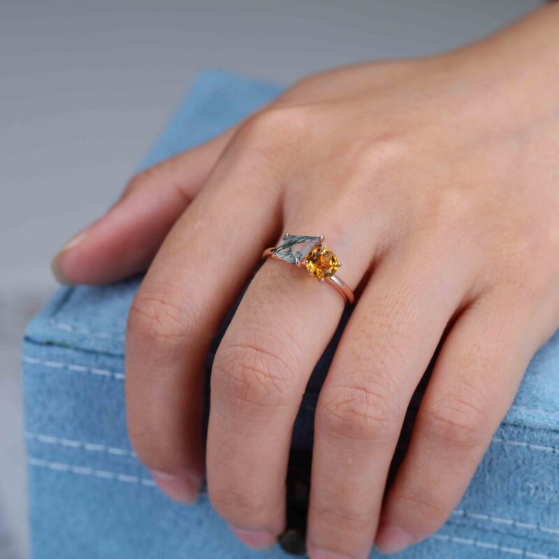 14k Solid Gold Toi Et Moi Engagement Ring Round Cut Citrine & Kite Cut Moss Agate Two Stone Ring Anniversary Ring For Wife