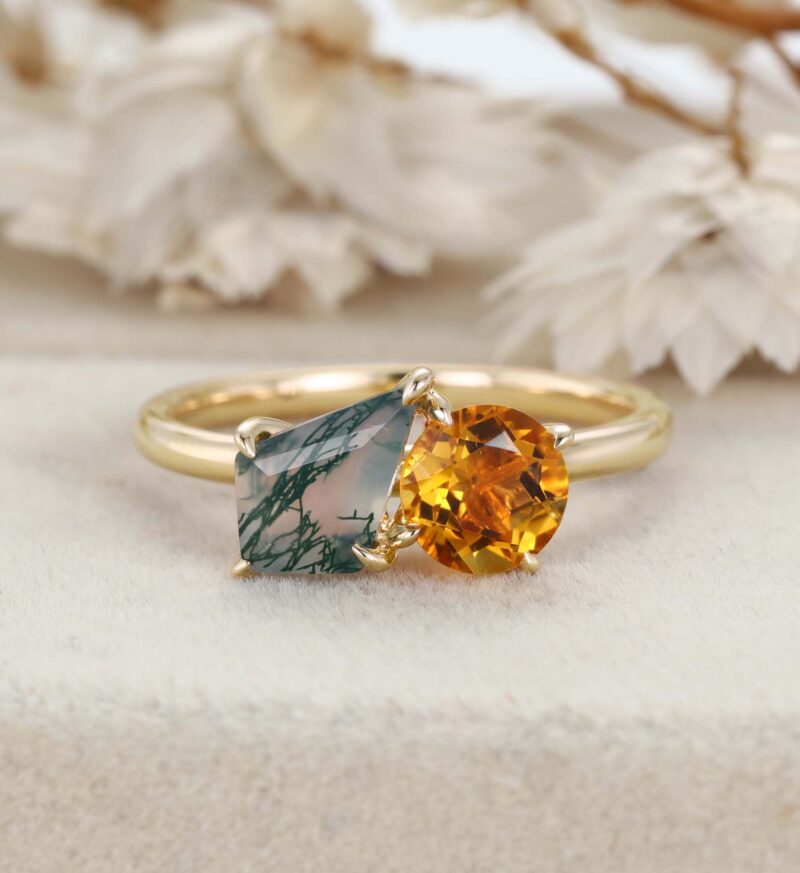 14k Solid Gold Toi Et Moi Engagement Ring Round Cut Citrine & Kite Cut Moss Agate Two Stone Ring Anniversary Ring For Wife