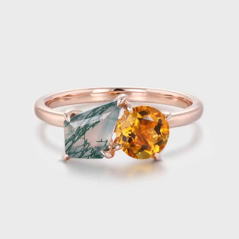 14k Solid Gold Toi Et Moi Engagement Ring Round Cut Citrine & Kite Cut Moss Agate Two Stone Ring Anniversary Ring For Wife