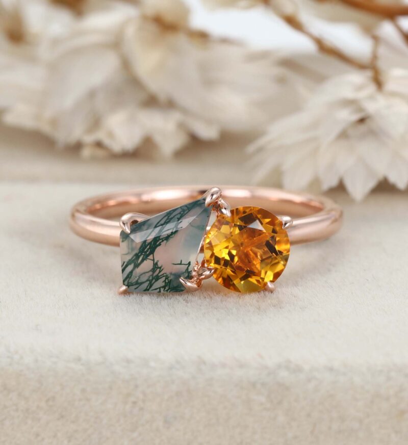 14k Solid Gold Toi Et Moi Engagement Ring Round Cut Citrine & Kite Cut Moss Agate Two Stone Ring Anniversary Ring For Wife