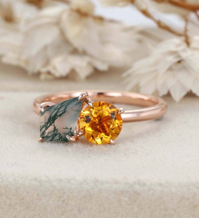 14k Solid Gold Toi Et Moi Engagement Ring Round Cut Citrine & Kite Cut Moss Agate Two Stone Ring Anniversary Ring For Wife