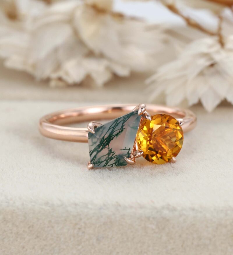 14k Solid Gold Toi Et Moi Engagement Ring Round Cut Citrine & Kite Cut Moss Agate Two Stone Ring Anniversary Ring For Wife