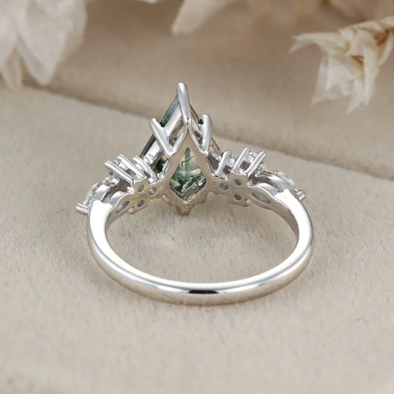 14k White gold Vintage kite cut Moss Agaet engagement ring marquise cut diamond ring for women unique bridal wedding Anniversary gifts ring