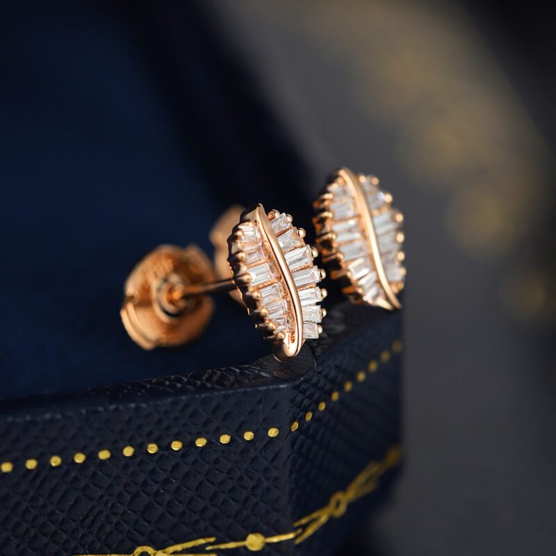18K Rose Gold Diamond Leaf Earrings Dainty Diamond Studs Natural Diamond Leaf Earrings