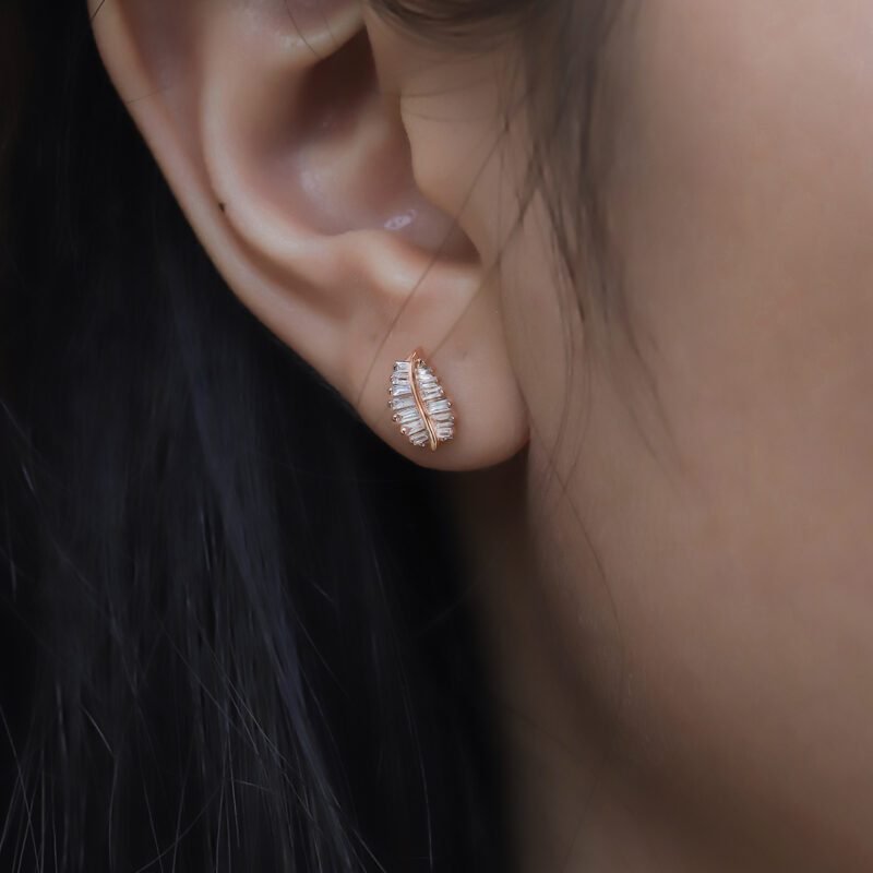 18K Rose Gold Diamond Leaf Earrings Dainty Diamond Studs Natural Diamond Leaf Earrings