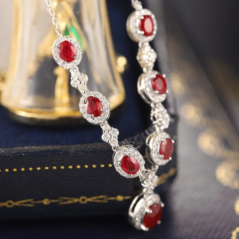 18K White gold Ruby Necklace V-shaped necklace 2.65ct Oval ruby necklace Diamond necklace