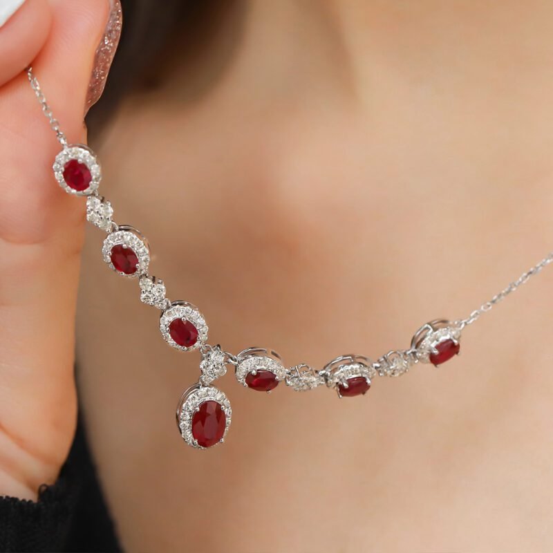 18K White gold Ruby Necklace V-shaped necklace 2.65ct Oval ruby necklace Diamond necklace