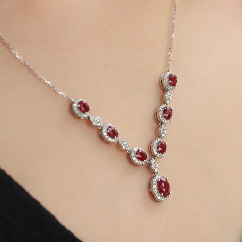 18K White gold Ruby Necklace V-shaped necklace 2.65ct Oval ruby necklace Diamond necklace